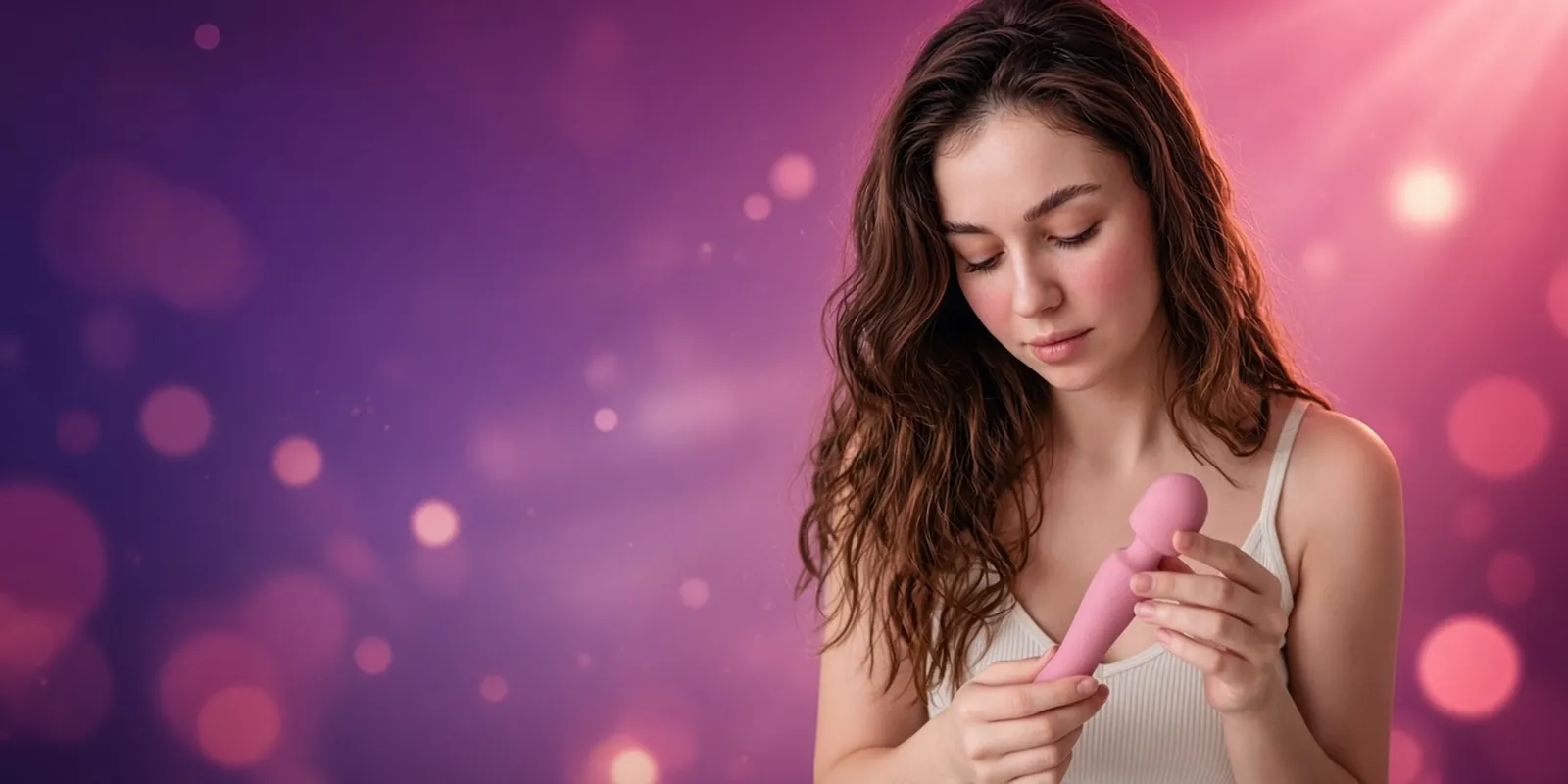 Woman holding a pink wand vibrator on a dreamy purple-pink backdrop