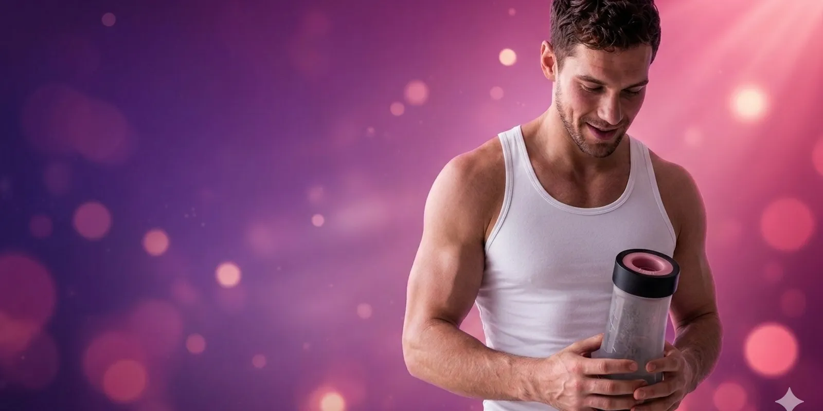 Man holding a premium male masturbator on a dreamy purple-pink backdrop