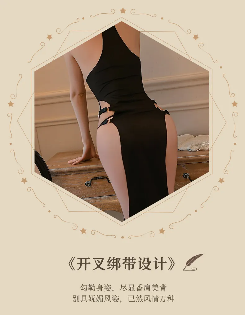 Ice Silk High Slit Dress (Black) (TY14) - Sexy Lingerie available in the UAE view 15
